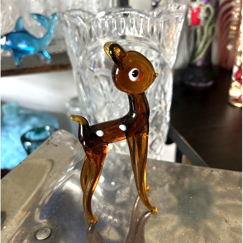 Murano Style Amber Art Glass Fawn Deer Figurine Hand Blown 4.5" Vintage - Picture 1 of 4